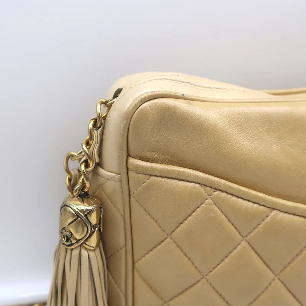 Vintage Chanel Quilted Tassel Camera Bag Beige Leather Chain Strap Shoulder Bag - Picture 3 of 12